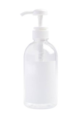 Beyaz arkaplanda izole edilmiş şeffaf sıvı sabun şişesi.