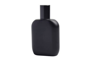 Beyaz arka planda izole edilmiş mat siyah parfüm şişesi