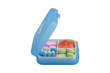 Beyaz arka planda izole edilmiş ilaç kutusundaki çeşitli haplar ve kapsüller. İlaç ve sağlık desteği kavramı.