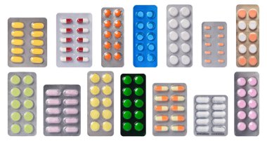 Kesme yolu, üst görünüm ile beyaz arkaplanda izole edilmiş su toplayıcı paketlerindeki farklı haplar