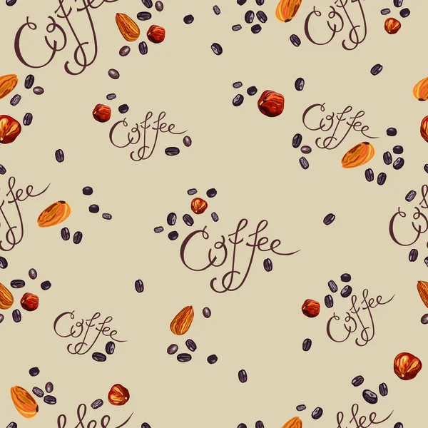 Pattern of coffee beans and nuts with  inscription — Stock Vector