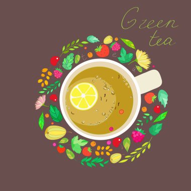 çilek, çerçeve içinde yeşil çay bardak görüntü illüstrasyon yaprakları ve dalları
