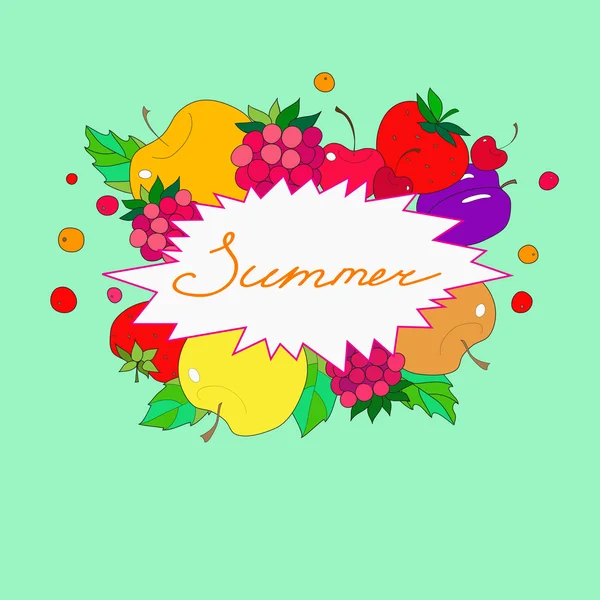 Sommer-Schriftzug im Rahmen von Früchten und Beeren — Stockvektor
