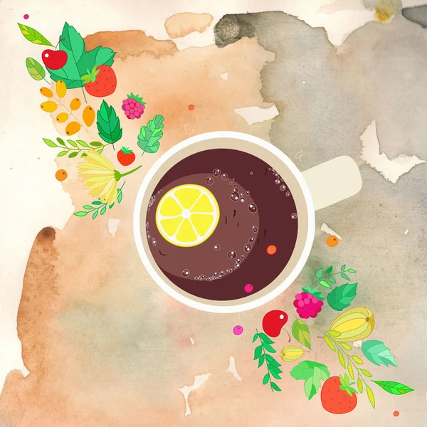 Illustration with the image of a cup of tea, berries, leaves and branches — Stock Vector