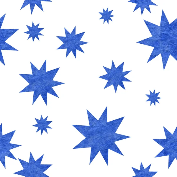 흰색 배경에 별의 이미지와 패턴, 푸른 쏟아지는 수채화로 가득 — 스톡 사진