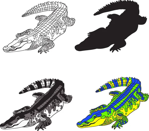 Illustratie van krokodil, maakte contour, silhouet, zwart-wit vlekken en felle kleuren. — Stockvector