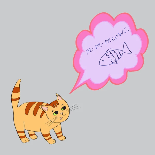 Illustration mit dem Bild einer braunen Katze und eines Fisches auf dem grauen Hintergrund. Vektor — Stockvektor