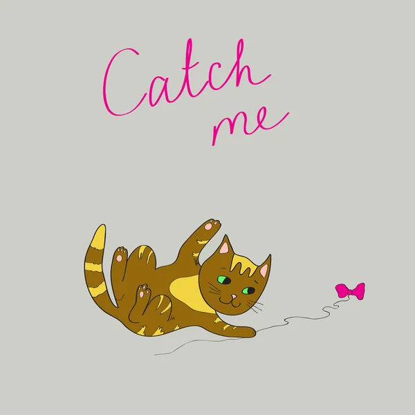 Illusztráció egy barna macskát, és a szavak a Catch Me egy szürke háttér. Vektor — Stock Vector