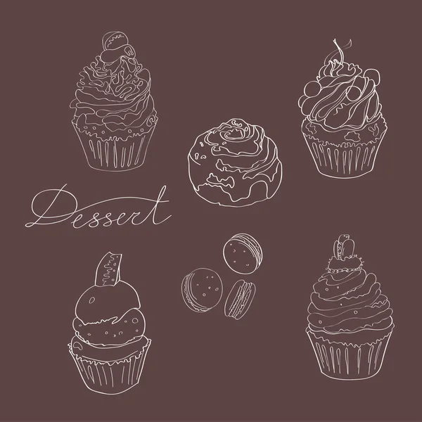 Set of cakes made with white outline on a dark brown background. Vector — Stock Vector