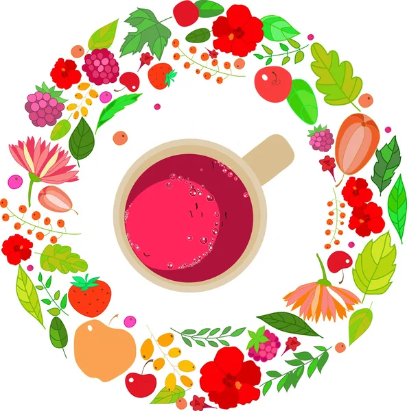 Ilustración de tazas de té rojo en la parte superior en un marco de hojas, bayas y flores, color verde anaranjado fondo blanco. Vector — Vector de stock