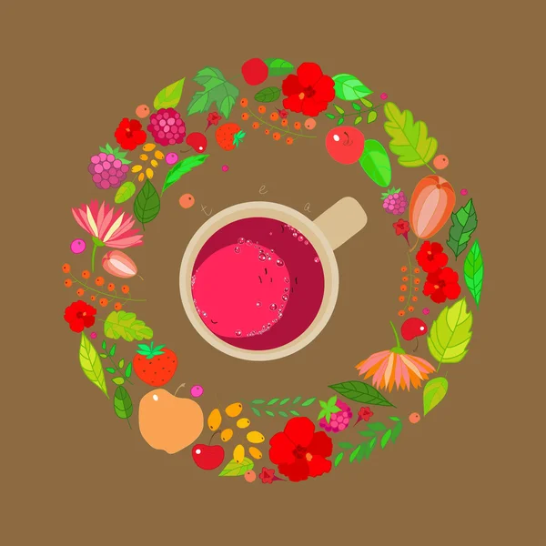 Illustration of red tea cups on top in a frame of leaves, berries and flowers of red, orange and green colors on a brown background. Vector — Stock Vector