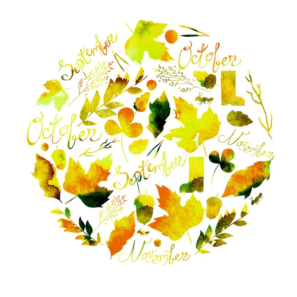 Illustration mit Blättern, Zweigen, Beeren, Blumen, herbstlichen Elementen und Inschriften September, Oktober, November. Aquarell Textur gelb, rot, orange, braune Farben — Stockfoto