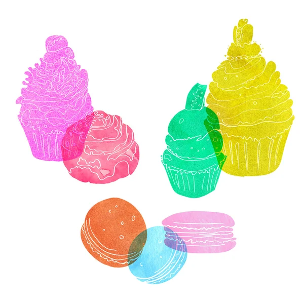 Set of cakes made transparent watercolor silhouette of pink, blue, green, yellow and red colors. — Stock Photo, Image