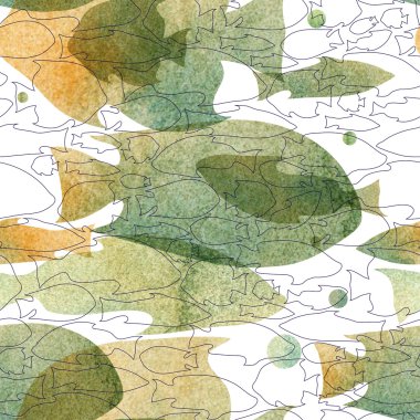 vektör desen siluetleri balıklar mavi-gri, koyu sarı gölge beyaz zemin üzerine suluboya görüntü ile. koyu mor döngü