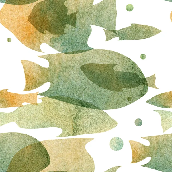 Akvarell mönster med bilden av silhuetter av fiskar blå-grå, ockra nyanser på en vit bakgrund. — Stockfoto