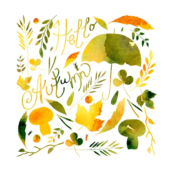 插图描绘树叶、 树枝、 浆果、 花、 秋天的元素集。水彩纹理赭石，橙色，灰色棕色. — 图库照片