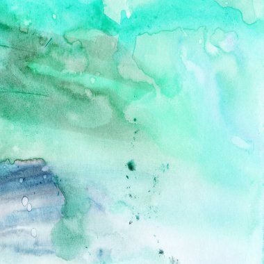 Suluboya çizimi. Doku suluboya şeffaf leke. Görüntü, sprey. Turkuaz, nane ve mavi renkler.