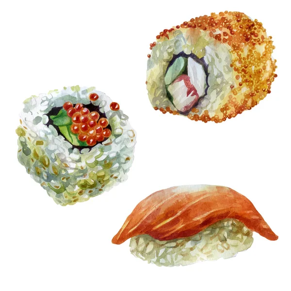 Set Illustrazione Acquerello Sushi Cibo Giapponese Menu Disegno Acquerello — Foto Stock