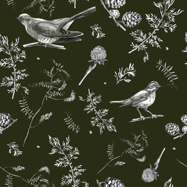 Illustration pencil. A pattern of leaves and branches of plants, birds. Freehand drawing of flowers on a gray background.