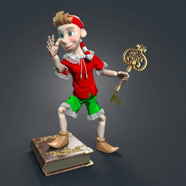 Pinocchio-Figur mit goldenem Schlüssel — Stockfoto