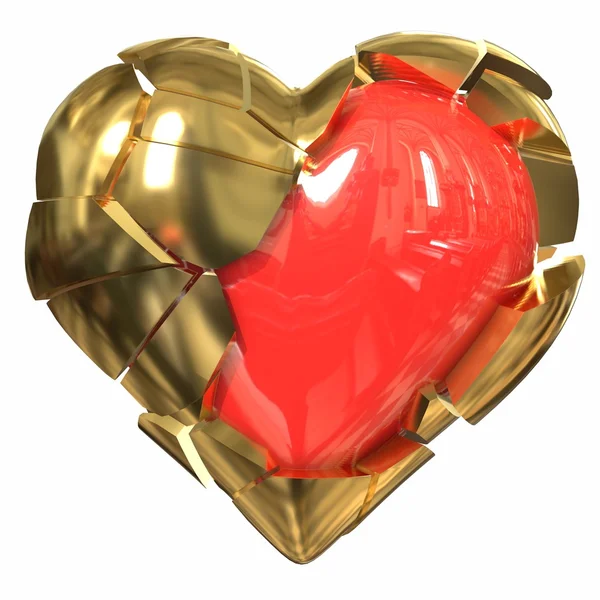 Trasiga hjärta, röd, guld, stål. 3D illustration — Stockfoto