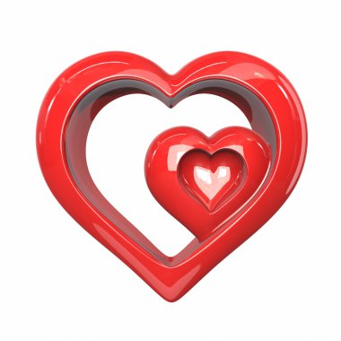 Beyaz arka plan üzerinde izole yansımaları ile kırmızı kalp. 3D çizim