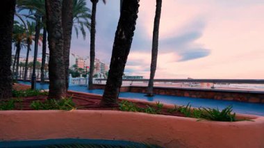 Gün batımında palmiye ağaçlarıyla kaplı güzel bir sahil yürüyüşü sahili ve uzak şehir siluetini Benidorm, İspanya 'da sakin bir akşamda gözler önüne seriyor.