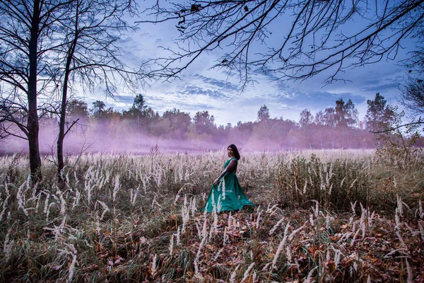 Meisjes in een magisch bos met gekleurde rook — Stockfoto