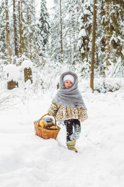 Ritratto invernale di ragazza bambino carina sorridente sulla passeggiata nella foresta innevata soleggiata — Foto Stock