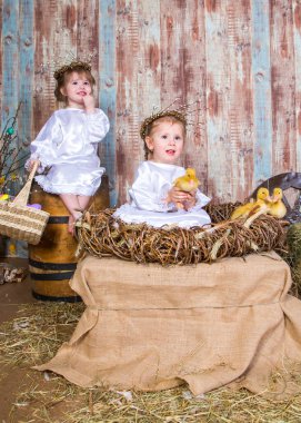 Şirin kızlar gerçek tavşan ve ördekle oynarlar.