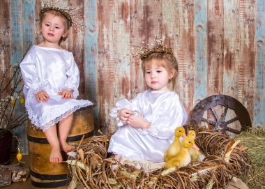 Şirin kızlar gerçek tavşan ve ördekle oynarlar.