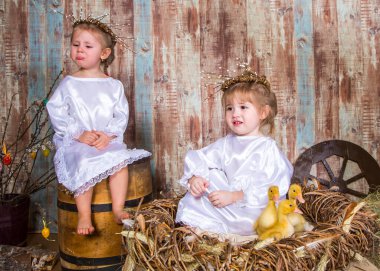 Şirin kızlar gerçek tavşan ve ördekle oynarlar.