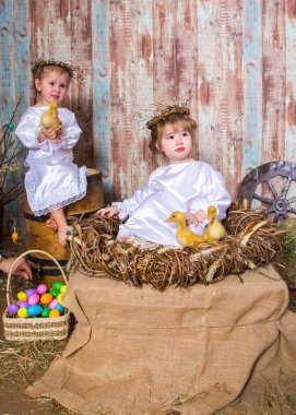 Şirin kızlar gerçek tavşan ve ördekle oynarlar.