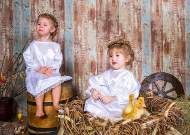 Şirin kızlar gerçek tavşan ve ördekle oynarlar.