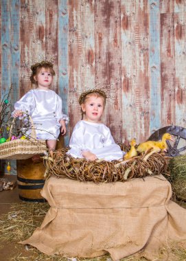 Şirin kızlar gerçek tavşan ve ördekle oynarlar.