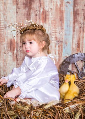 Tatlı kız gerçek tavşan ve ördekle oynuyor.