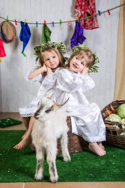 Çiftlik arazisinde keçilerle oynayan küçük kız çocukları