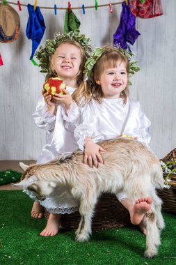 Çiftlik arazisinde keçilerle oynayan küçük kız çocukları