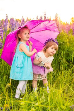 Gün batımında güneşin altında çiçek açan bir tarlada bir kızın portresi.