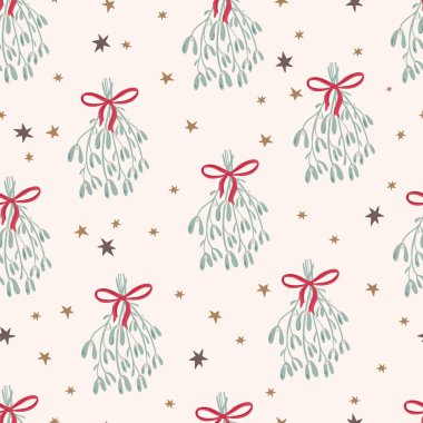 Geleneksel renklerde, ökseotu, çiçek ve yıldızlarla çizilmiş geleneksel Noel şablonu. Noel, ambalaj kağıdı, kumaş ve Noel süslemesi için tekrarlanan arka plan