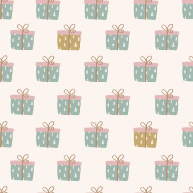 Geleneksel renklerde, vektör elle çizilmiş, Noel hediyeli ve hediyeli mutlu noeller. Kağıt, kumaş ve Noel süslemeleri için sürekli kış tatili arka planı