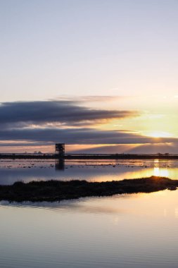 Dedeağaç ve Türkiye sınırı yakınlarındaki Evros Deltası Ulusal Parkı 'nda gün batımı veya gün doğumu, Dadia ormanı ve korunan sulak arazi, kuş göçü mevsimi.