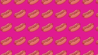 Canlı pembe bir arka planda kıvranan stilize edilmiş sosisli ikonlarının kusursuz döngü animasyonu. Oyuncu 2D karikatür yemek kalıbı, fast food pazarlaması için mükemmel, eğlenceli sosyal medya içeriği ve menü geçmişi