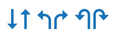 Yön gösteren mavi düz vektör okları. Düz, sola ve sağa dönüşleri ve U-dönüş işaretlerini içerir. Navigasyon, trafik sistemleri, uygulamalar ve web arayüzleri için minimalist tasarım.