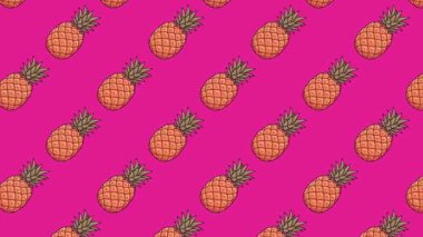 Eflatun arka planda hareket eden tekrarlayan bir ananas deseninin canlı 2D animasyonu. Yaz temalı video projeleri, sosyal medya ve dijital pazarlama için eğlenceli, tropikal meyvesiz bir döngü