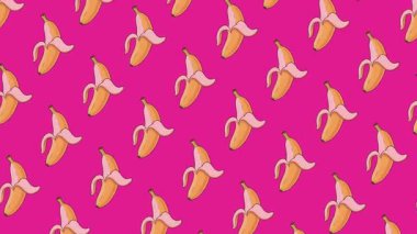 El yapımı soyulmuş muzların ritmik çapraz akışında süzüldüğü enerjik pop-art hareketli arka plan. Sarı meyvelerin koyu morumsu bir zemin üzerindeki yüksek kontrastlı kombinasyonu popüler sosyal medya içeriği için eğlenceli ve göz alıcı bir estetik oluşturuyor.