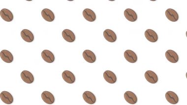 Kahve çekirdekleri animasyon deseni. Parlak beyaz alan ve pürüzsüz kahverengi tonlar mutfak blogları ve kahve temalı içerik için profesyonel ve modern bir görünüm yaratır..