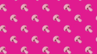 Parlak morumsu bir zemin üzerinde el yapımı mantarların yüzdüğü neşeli ve canlı bir 2D dikişsiz döngü. Gıda veya doğa temalı arka planlar için yüksek kaliteli minimal pop-art animasyon