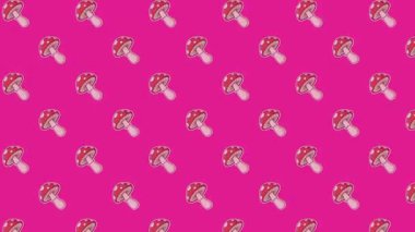 Yüksek kaliteli, resimli Amanita mantarı döngüsü. Şablon, klasik botanik illüstrasyonları kalın, neon pembe modern renklerle birleştirerek ritmik bir akımla hareket eder..