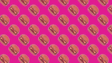 Marul, peynir ve domatesli çizburger ikonlarının tekrarlandığı neşeli ve enerjik bir arka plan. Modern gıda dağıtım uygulamaları ve gençlere yönelik içerik için parlak pembe estetik.